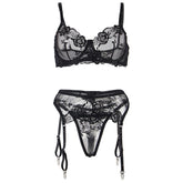 SUBBLIME - SET OF 3 PIECES BRA + THONG + GARTER FLORAL PRINT BLACK S/M