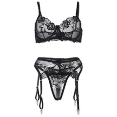 SUBBLIME - SET OF 3 PIECES BRA + THONG + GARTER FLORAL PRINT BLACK S/M